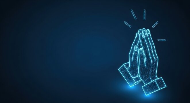 Glowing Neon Hands in Prayer or Applause Gesture on Dark Digital Background