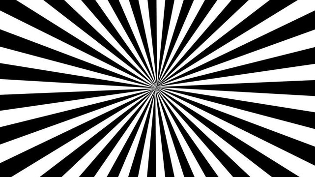 Abstract sunburst pattern with grey and white radial rays background. Stripes rotating. Looped animation 4k. Hypnotic black and white radial sunburst animation background. vintage backdrop for comic.