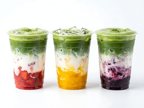 Three layered iced matcha green tea lattes with fruit purees including strawberry, mango, and blueberry, isolated on white background