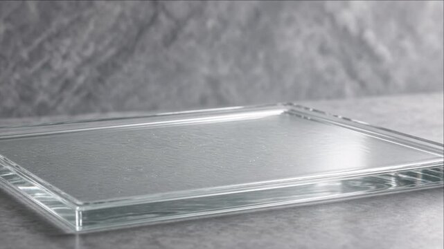 Minimal transparent rectangular glass tray with fine water droplets, reflective surface, cinematic timelapse background, clean modern composition for elegant product presentation and design get more
