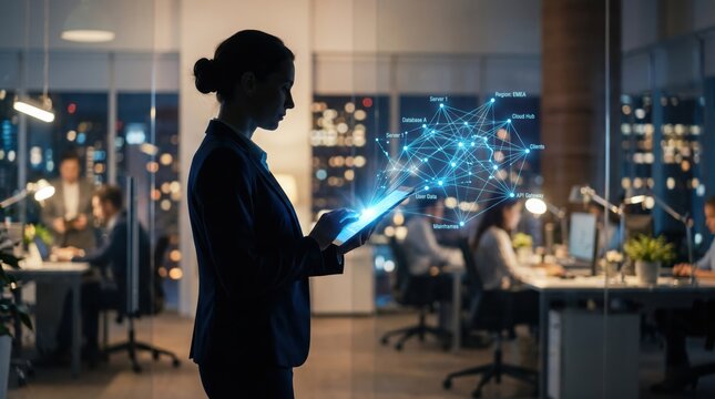 Businesswoman analyzing complex network data structure on tablet in modern office at night, futuristic technology, digital transformation, global connectivity, server management