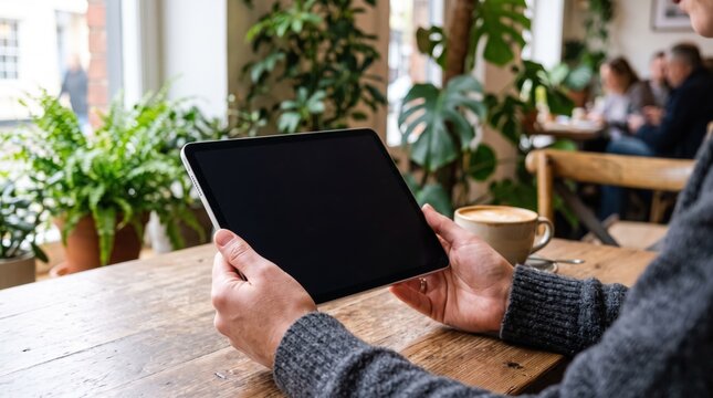 Close up view of a person holding a black tablet computer with blank screen in a cozy cafe environment, featuring a cup of coffee on a wooden table and green plants in the