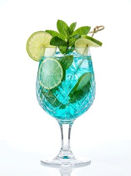 Refreshing blue cocktail garnished with lime wheels, fresh mint leaves, and ice, served in a cut glass goblet isolated on white background