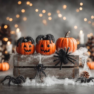 Halloween pumpkins carved into jack o lanterns with fake spiders and cobwebs on wooden box