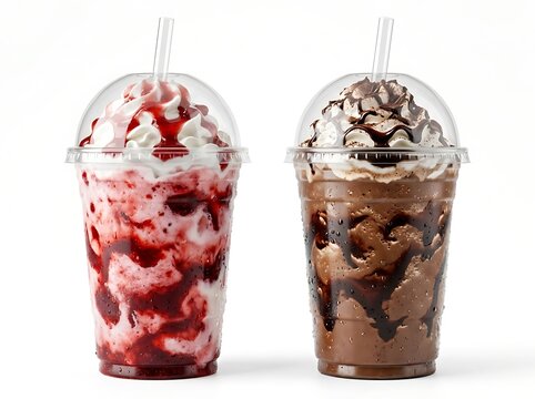 Two delicious milkshakes with whipped cream, chocolate and strawberry syrup, isolated on white background