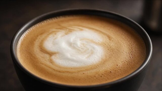 Cinematic Minimal Timelapse Background Coffee Foam Swirling in Dark Ceramic Cup, Warm Brown Espresso Latte Beverage Scene, Cozy Relaxing Texture for Cafe Design, Calm Atmosphere, Soft Focus