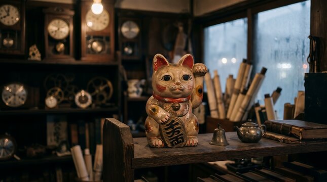 Authentic Japanese Maneki Neko Bringing Good Luck in a Retro Antique Interior.