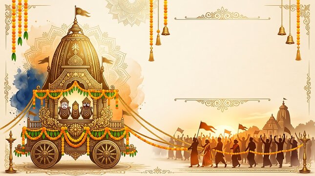 Traditional Rath Yatra festival chariot procession with devotees pulling the sacred wooden cart in India.