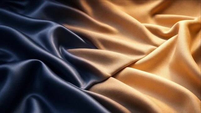 Cinematic minimal timelapse background featuring navy, golden and beige satin silk fabric flowing folds, smooth textile texture, elegant contrast, dramatic light, luxury abstract design backdrop