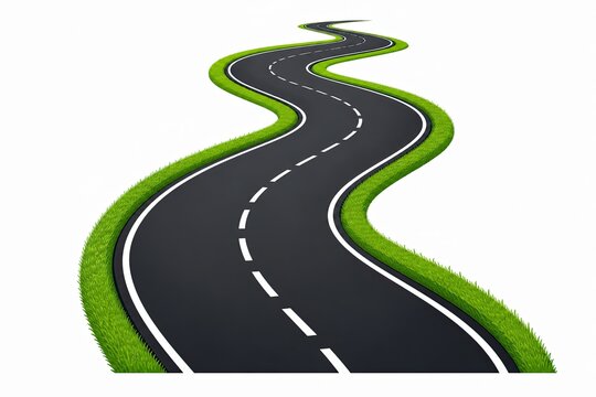 Winding asphalt road with green grass edges on a white background