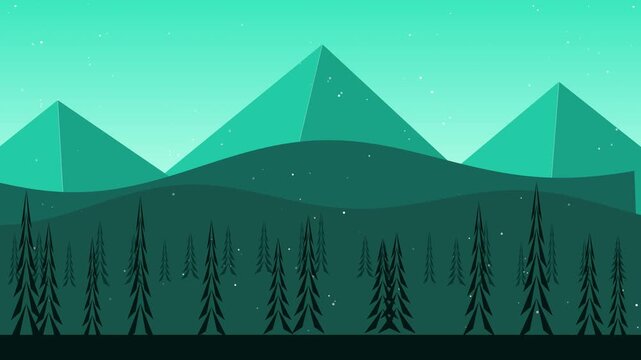Animated mountain forest landscape with falling snow