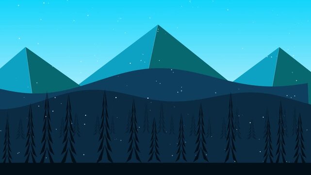 Winter mountain landscape vector animation with falling snow