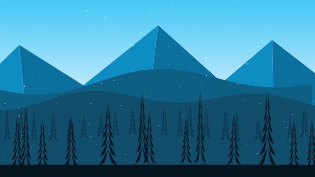 Blue mountain landscape with pine forest in flat vector design style