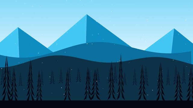Blue mountain landscape vector illustration with pine forest and snow