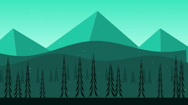 Minimalist mountain landscape with pine forest in flat vector design