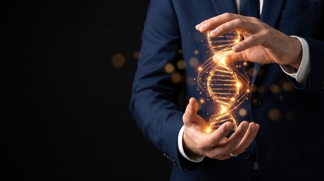 Businessman hands holding glowing futuristic DNA double helix structure, genetic engineering and biotechnology, medical science research innovation, virtual reality hologram
