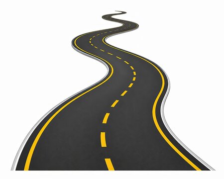 A curvy black asphalt road with yellow lines winding into distance