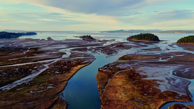 Aerial view of tidal flats, winding waterways and forested islands at sunset