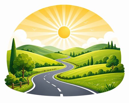 Winding road through green hills under a bright yellow summer sun