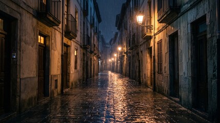 Obraz premium Atmospheric Old European Cobblestone Street at Night During Heavy Rain with Warm Lantern Light Reflections on Wet Pavement and Historic Architecture