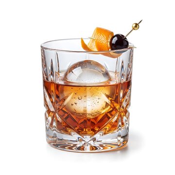 Old fashioned cocktail with an ice sphere, orange peel twist and maraschino cherry on a golden pick, isolated on white background