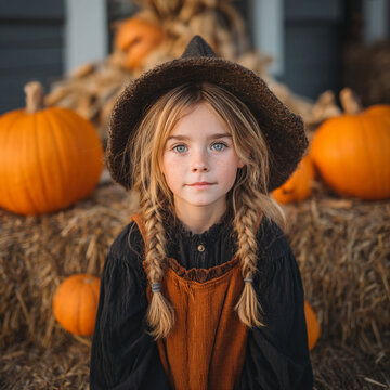 Young girl wearing a witch hat and black dress standing outside among pumpkins with halloween costume