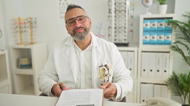 Man optician in labcoat smiling while holding clipboard with trial frame in pocket in clinic building; friendly care trust.