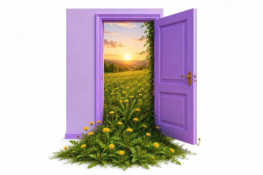 Open purple door revealing a sunny nature landscape with wildflowers