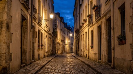 Fototapeta premium Romantic cobblestone narrow street in Paris at night with warm street lamps and historic buildings under a blue twilight sky in France.