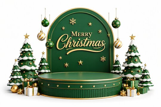 Green christmas podium with golden decorations and gift boxes