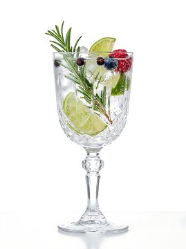 A refreshing cocktail with tonic water, ice, lime slices, fresh berries, and a sprig of rosemary, isolated on white background