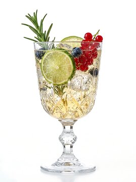 A refreshing cocktail with lime, red currants, blueberries, and rosemary in an ornate glass, isolated on white background