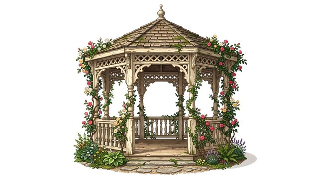 Wooden garden gazebo with climbing roses isolated on white background