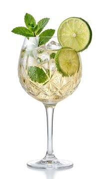 Refreshing cocktail in a crystal glass garnished with lime wheels and fresh mint leaves isolated on white background