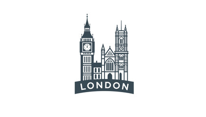 Fototapeta premium Dark grey landmark silhouette of Big Ben and Westminster Abbey with London text banner at the bottom on white background.