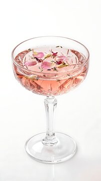 Elegant coupe glass filled with a pink floral cocktail garnished with rose petals and edible flowers, isolated on white background