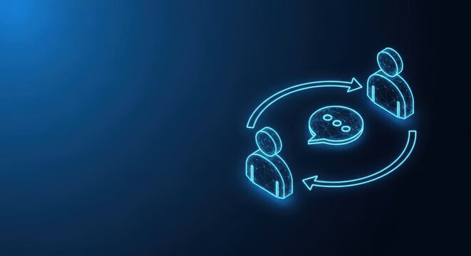 Neon communication icon showing user feedback loop on dark blue background