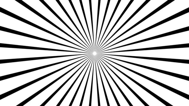Abstract sunburst pattern with grey and white radial rays background. Stripes rotating. Looped animation 4k. Hypnotic black and white radial sunburst animation background. vintage backdrop for comic.