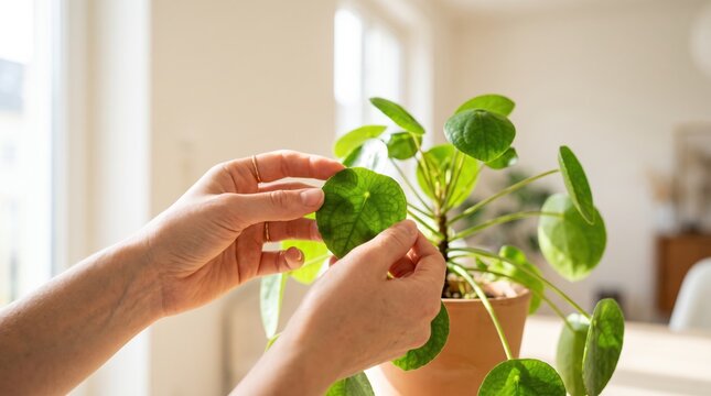 Hands caring for pilea peperomioides houseplant, indoor gardening, checking leaves, plant care routine, home decor, green living, botany, nature lover, sustainability, wellness