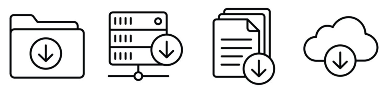 Set of four download icons including folder, server, document, and cloud storage