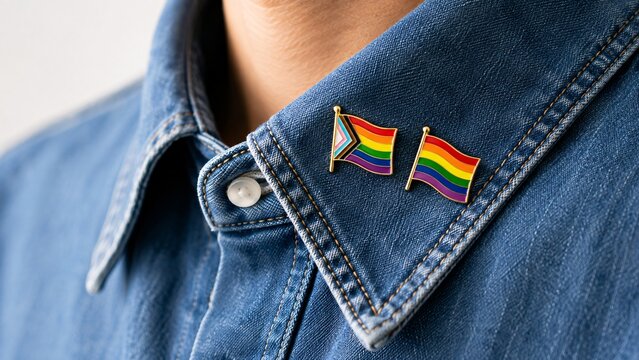 Person wearing rainbow pride flag lapel pins on a blue denim shirt collar symbolizing equality and love
