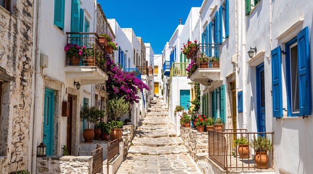 Traditional Narrow Cobblestone Street in a Greek Island Village with Whitewashed Houses, Colorful Shutters, and Vibrant Bougainvillea Flowers under Blue Sky