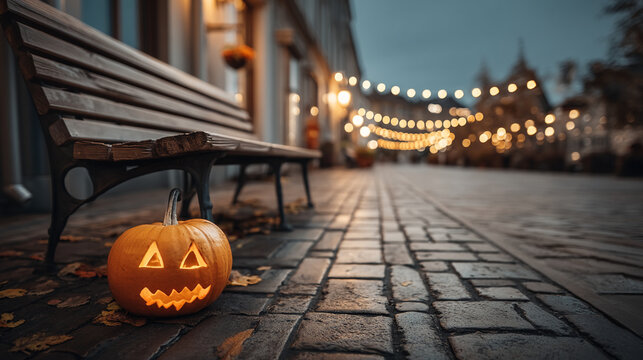 Carved jack o lantern pumpkin on a cobblestone street beneath a bench with cobblestone