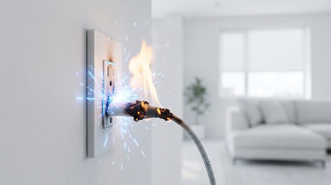 Electrical outlet sparking and catching fire on apartment wall near modern living room sofa with short circuit electricity accident interior emergency residential malfunction overload