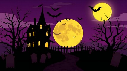 Fototapeta premium Spooky haunted house with bats and full moon in a purple night sky for halloween