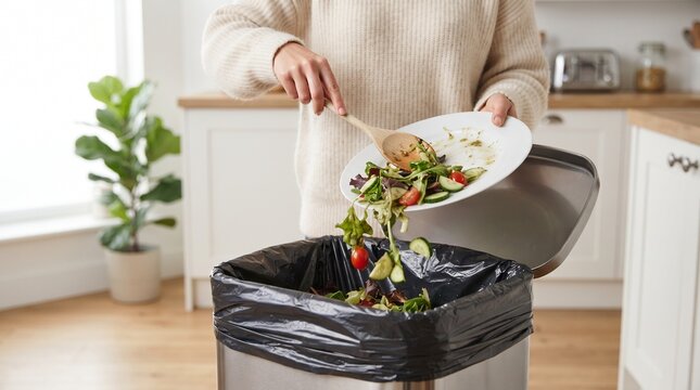 Person scraping leftover salad from a white plate into a metal kitchen trash can lined with a black garbage bag food waste salad leftovers discarding food throwing away waste disposal