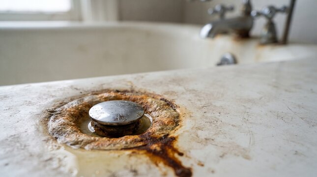 Old rusty bathtub drain plug surrounded by severe limescale and orange rust stains with bathroom maintenance dirty bathtub old plumbing bathroom repair mineral deposits home repair plumbing