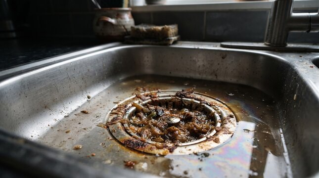 Dirty stainless steel kitchen sink clogged with food debris and standing greasy water clogged drain food waste blocked drain plumbing problem dirty dishes kitchen hygiene home improvement