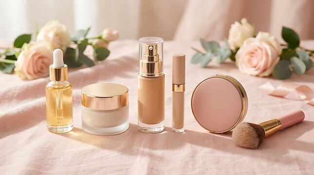 Set of luxury cosmetic beauty products with roses on a light table. skincare makeup combo