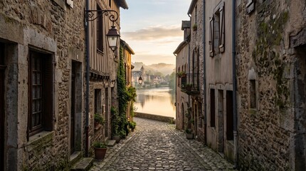 Fototapeta premium Charming Narrow Cobblestone Street in a Picturesque Medieval French Village at Sunrise with a Scenic View of a Peaceful River and Historic Architecture